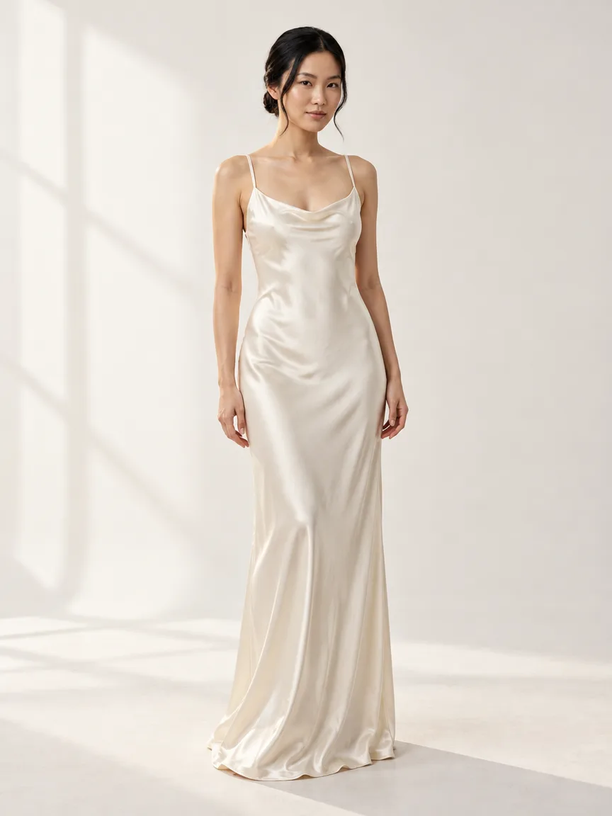 AI-generated model in a long ivory satin slip dress standing in a white studio with window light