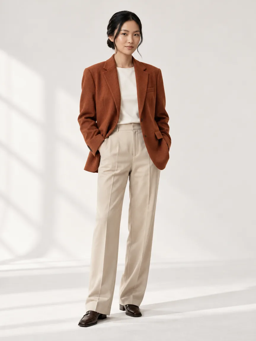 AI-generated model in a rust-colored wool blazer and cream trousers standing in a white studio with window light