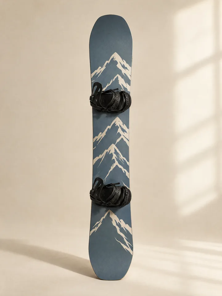 A snowboard with a slate-blue top sheet and a cream mountain-line graphic, standing upright on a cream backdrop