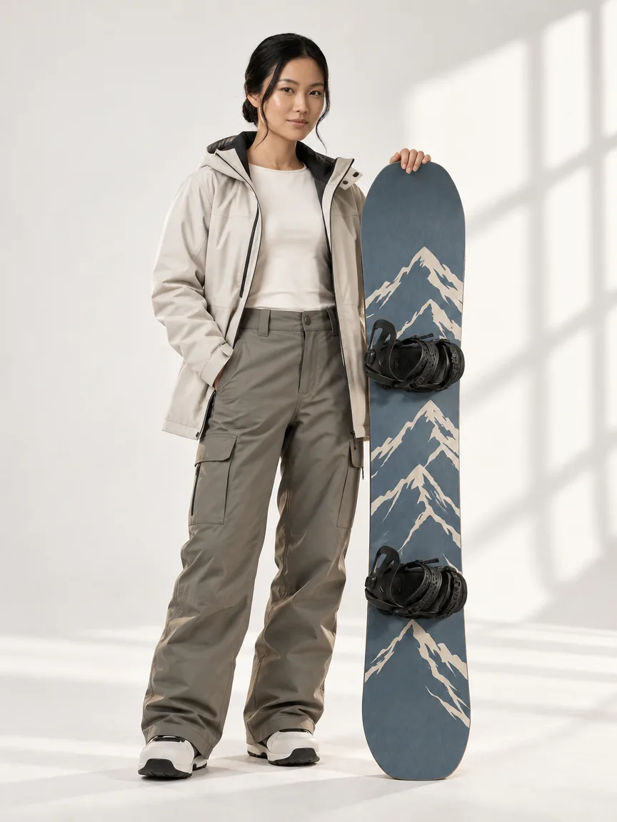 AI-generated model holding a slate-blue snowboard upright beside them, front view