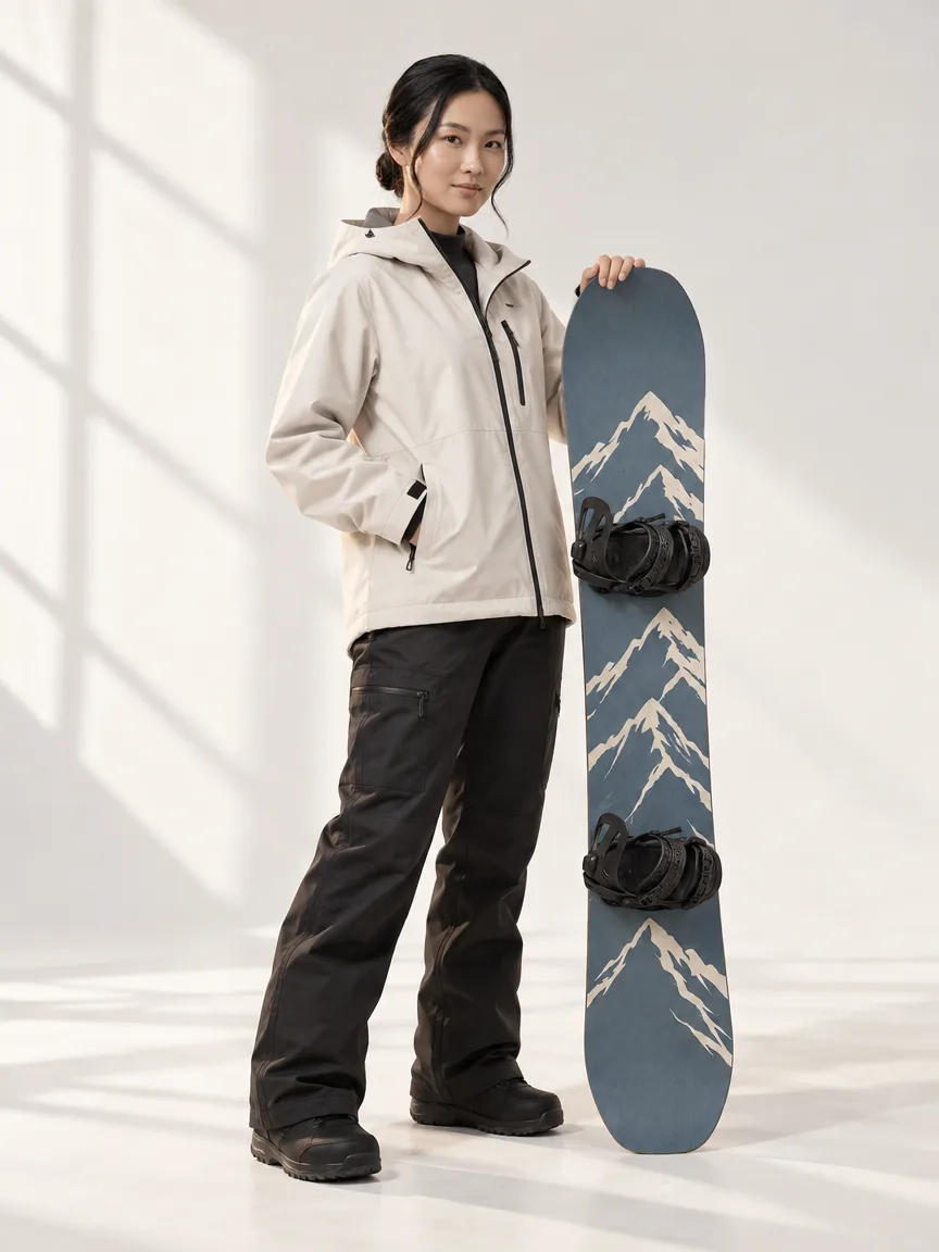 AI-generated model holding a slate-blue snowboard upright beside them, three-quarter view