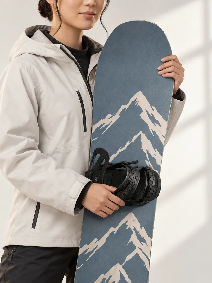 AI-generated close-up of a model holding a slate-blue snowboard with a cream mountain graphic