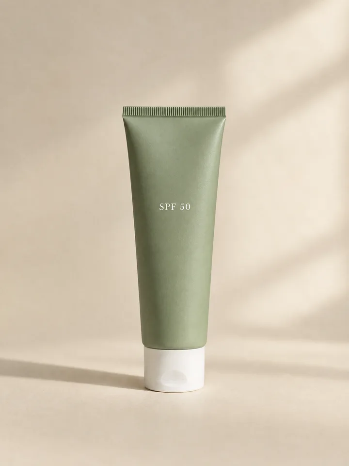 A sage-green squeeze tube of sunscreen standing upright on a cream backdrop