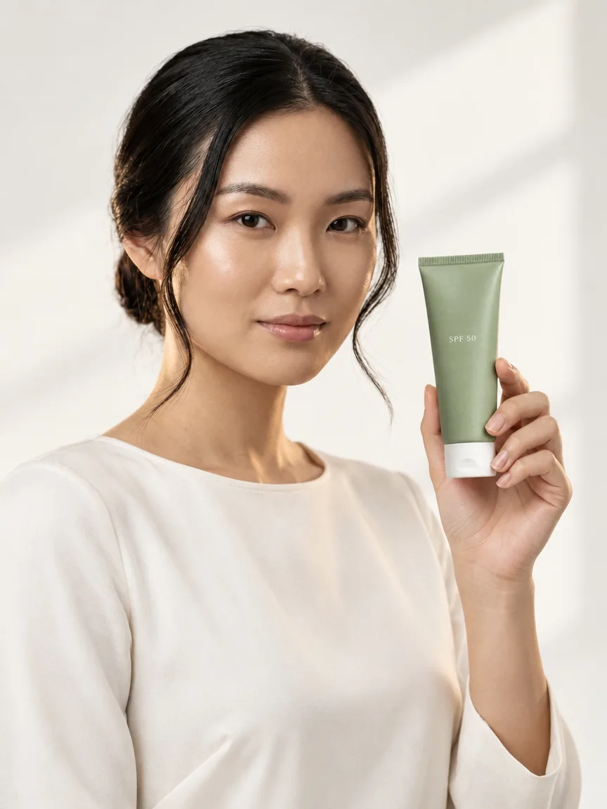 AI-generated model holding a sage-green tube of sunscreen with the label facing the camera