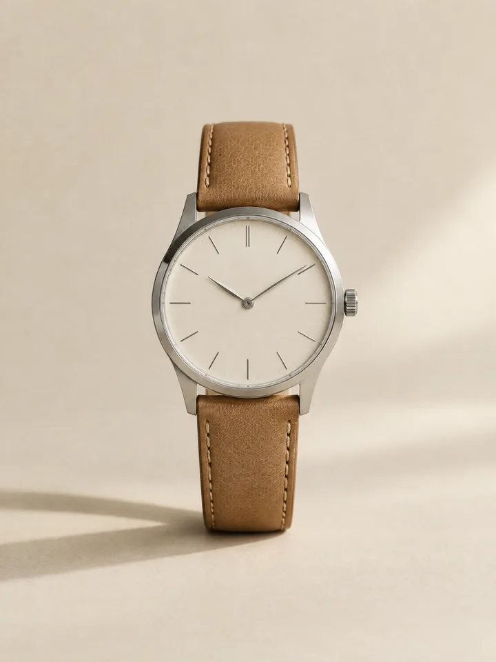A stainless-steel watch with a cream dial and tan leather strap on a cream backdrop