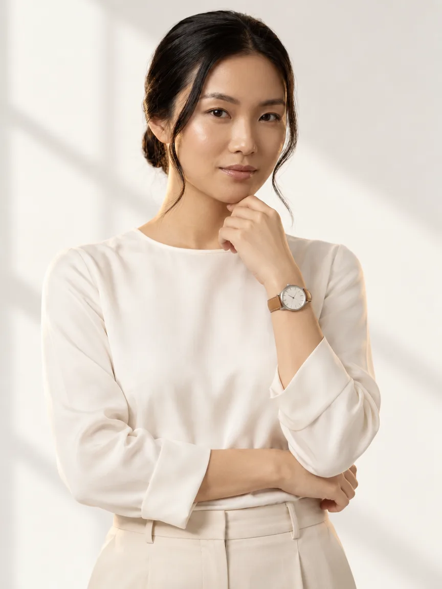 AI-generated model wearing a stainless-steel watch with a cream dial and tan leather strap, front view