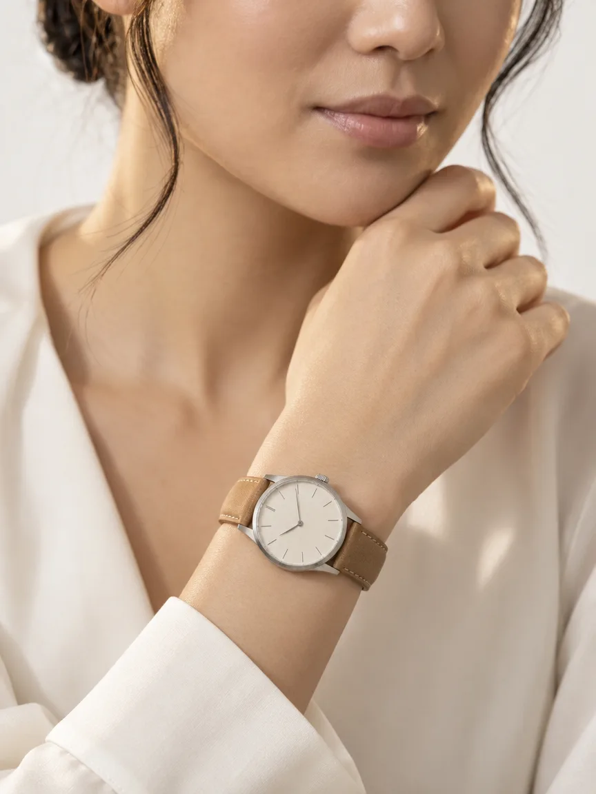 AI-generated close-up of a wrist wearing a stainless-steel watch with a cream dial and tan leather strap