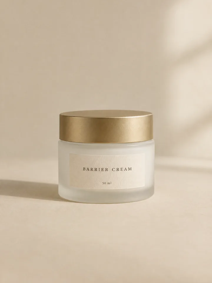 A frosted white glass jar of face cream with a gold lid on a cream backdrop