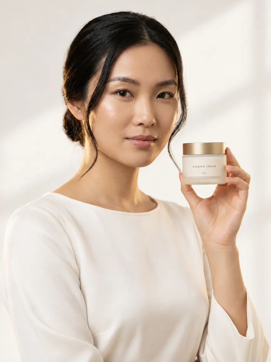 AI-generated model holding a frosted white glass jar of face cream with a gold lid, front view