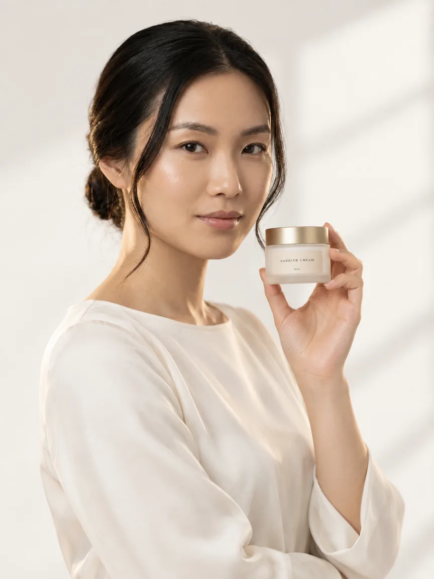 AI-generated model holding a frosted white glass jar of face cream with a gold lid, three-quarter view