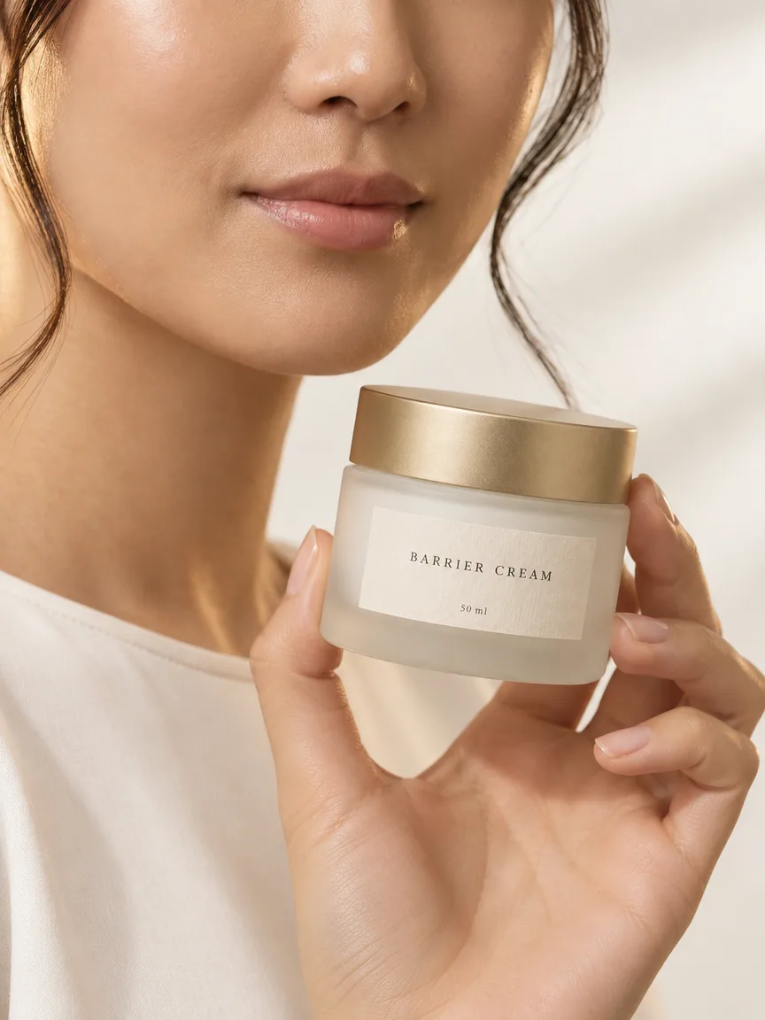 AI-generated close-up of a hand holding a frosted white glass jar of face cream with a gold lid